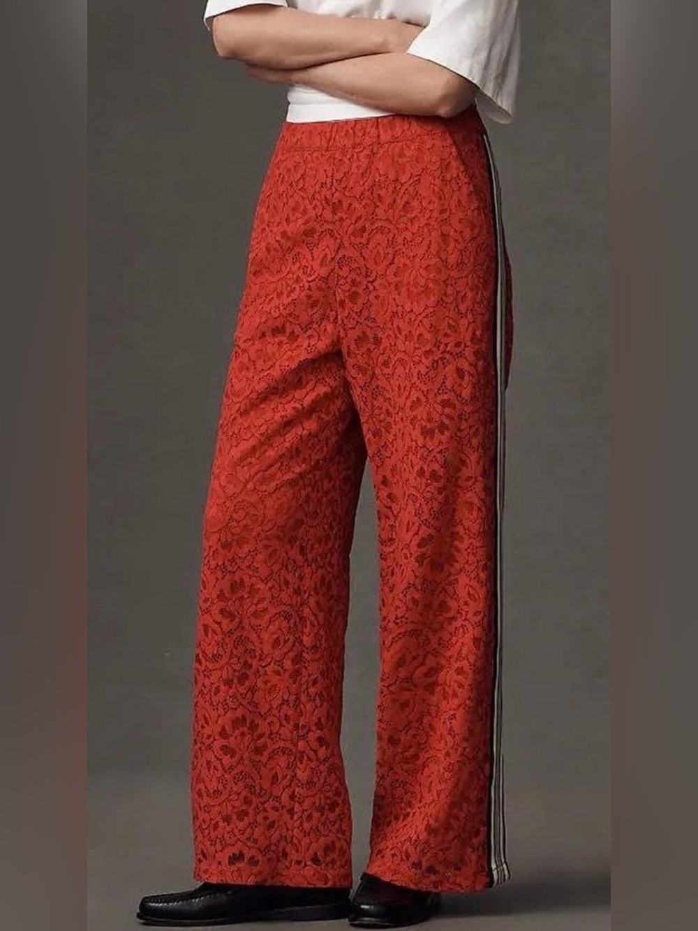Maeve Red Lace Wide-Leg Pants with Side Stripe